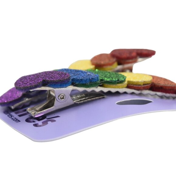 Claires Barrettes Hair Clips Rainbow Colored Glitter Hearts Set of 2 - Picture 3 of 3